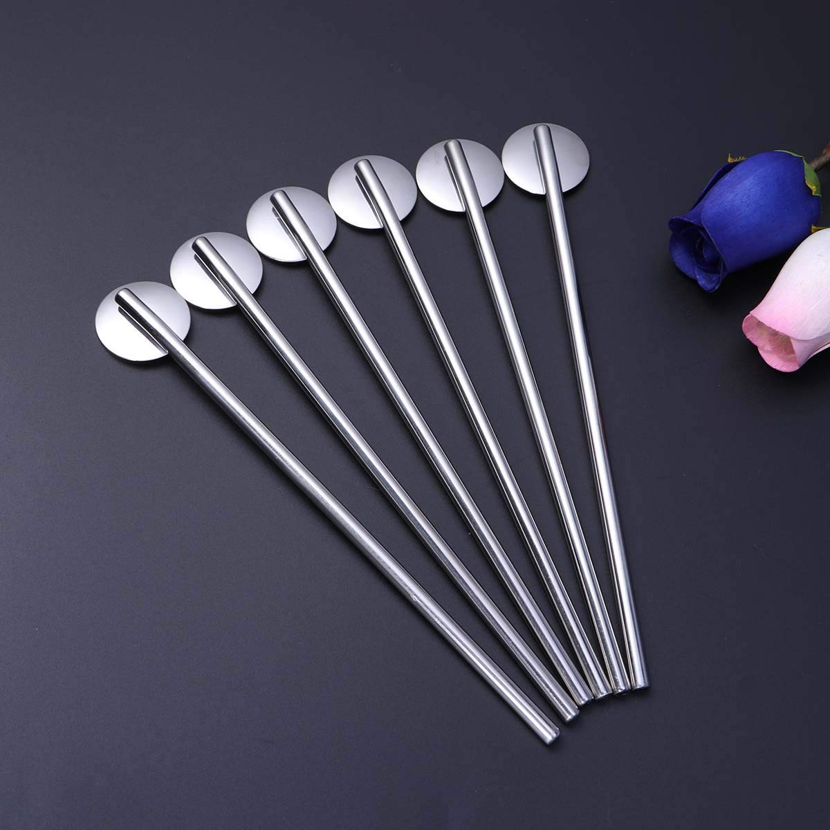 Rudra Exports Reusable Drinking Straws Spoon I Food Grade Stainless Steel Stirrer I Ultra Long Rustproof Long Spoon 8 Inches with Cleaning Brush : 4 Pcs Set