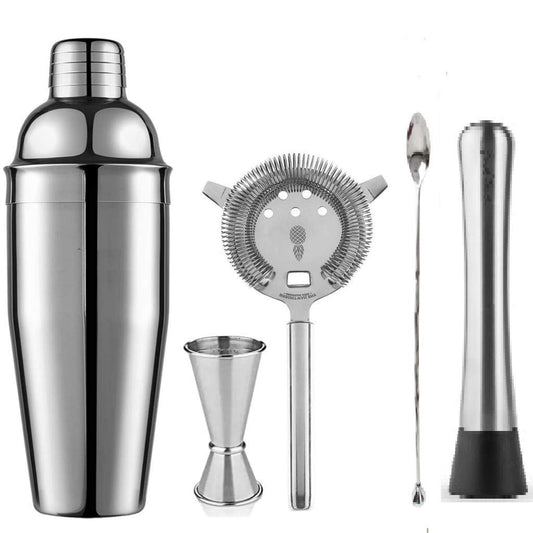 Rudra Exports Cocktail 5 pcs Set Cocktail Shaker, peg Measure, Strainer, Muddler Spoon,Steel Muddler