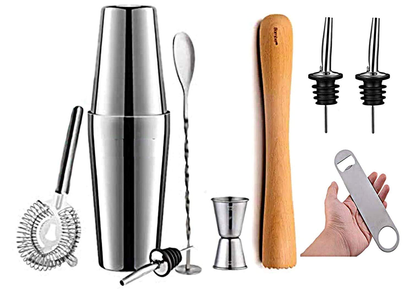 Rudra Exports Boston Cocktail Shaker Set Bartenders Tools Pourer Bottle Opener Stirrer Peg Measure Wooden Muddler Strainers (9 pcs)