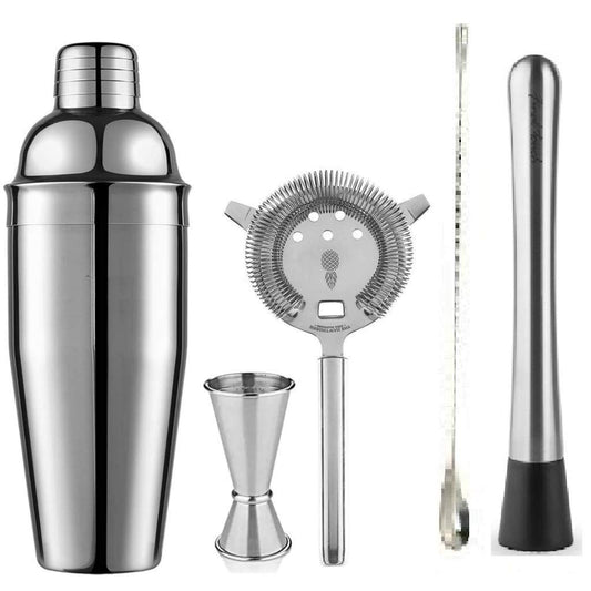 Rudra Exports Cocktail 5 pcs Set Cocktail Shaker, peg Measure, Strainer, Teardrop Spoon, Steel Muddler