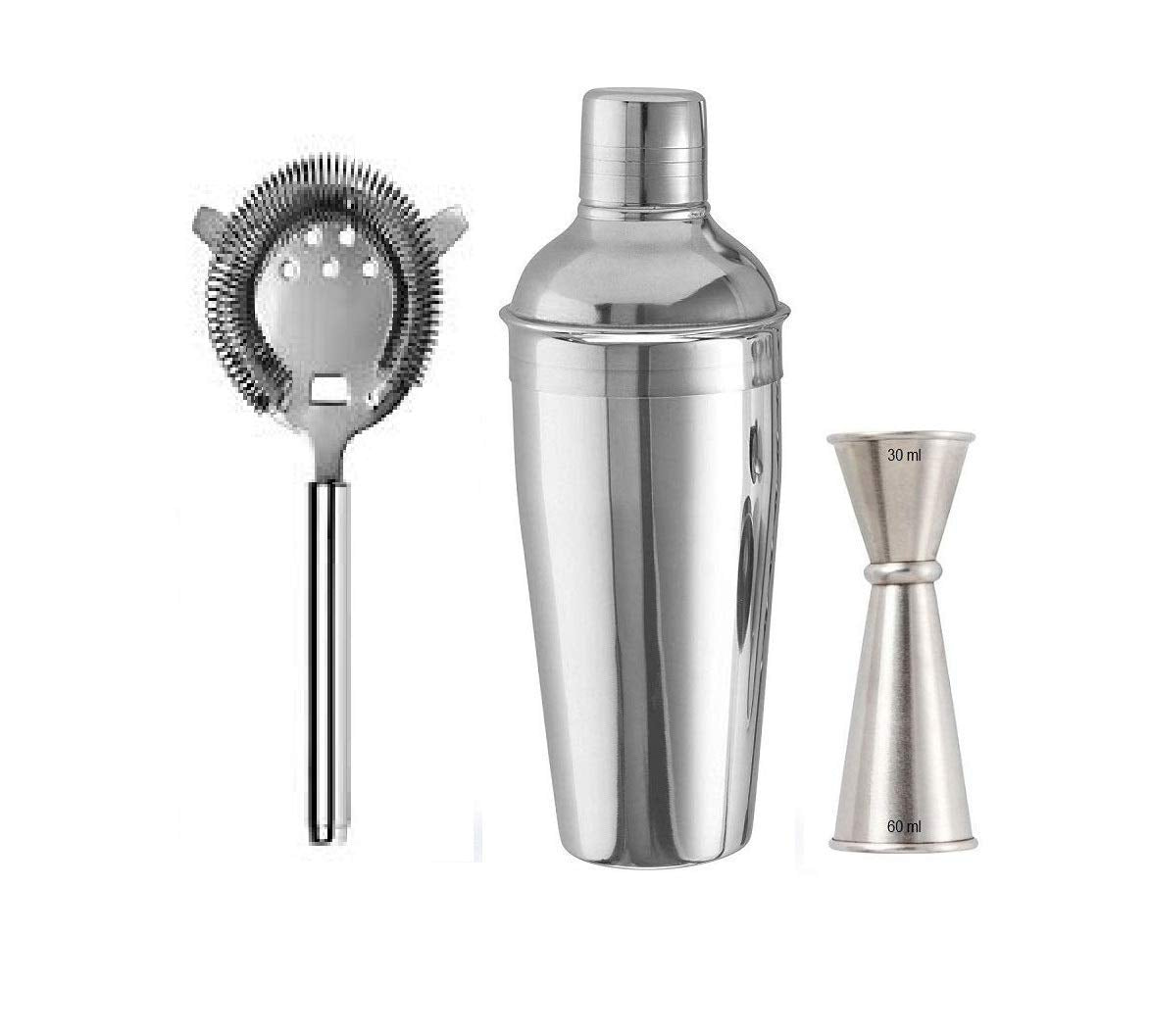 Rudra Exports Professional Premium Boston Shaker Set with Cocktail Strainer and Japanese Jigger Bartender Tool Kit Home Bar Cocktail Maker Gift Set Diwali Gift: 3 Pcs Set