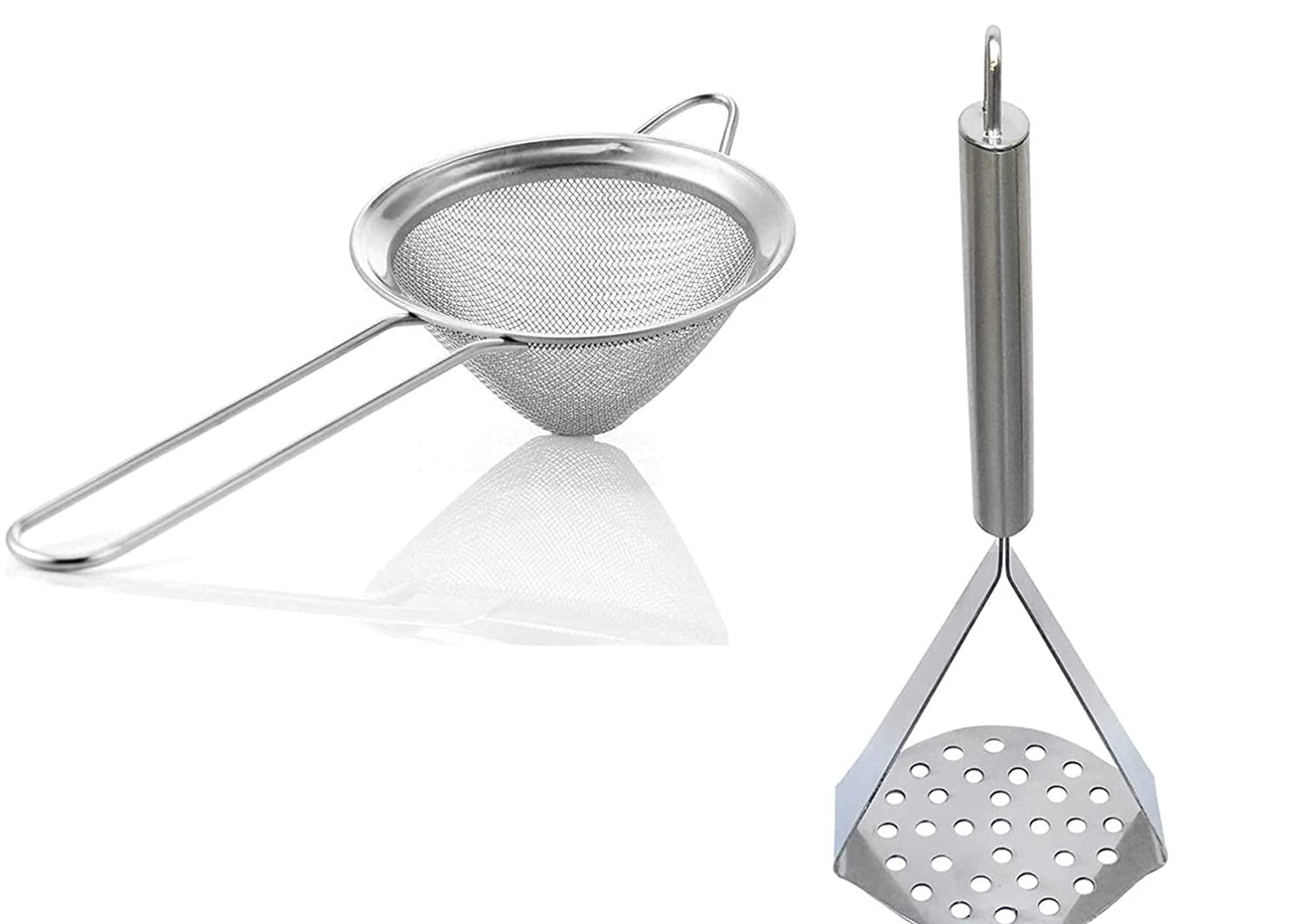 Rudra Exports Stainless Steel Potato Crusher Vegetable Masher and Stainless Steel Fine Mesh Strainer