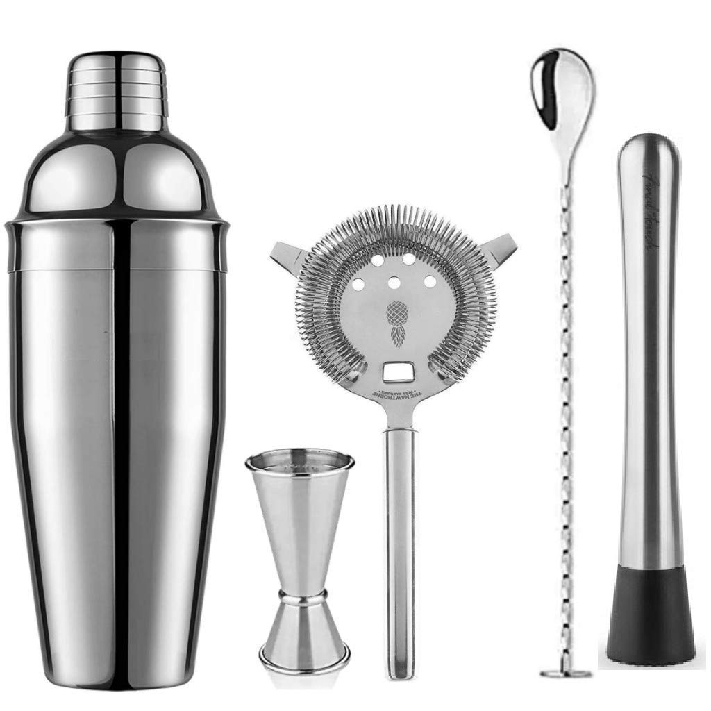 Rudra Exports Cocktail 5 pcs Set Cocktail Shaker, peg Measure, Strainer,Cocktail Spoon, Steel Muddler