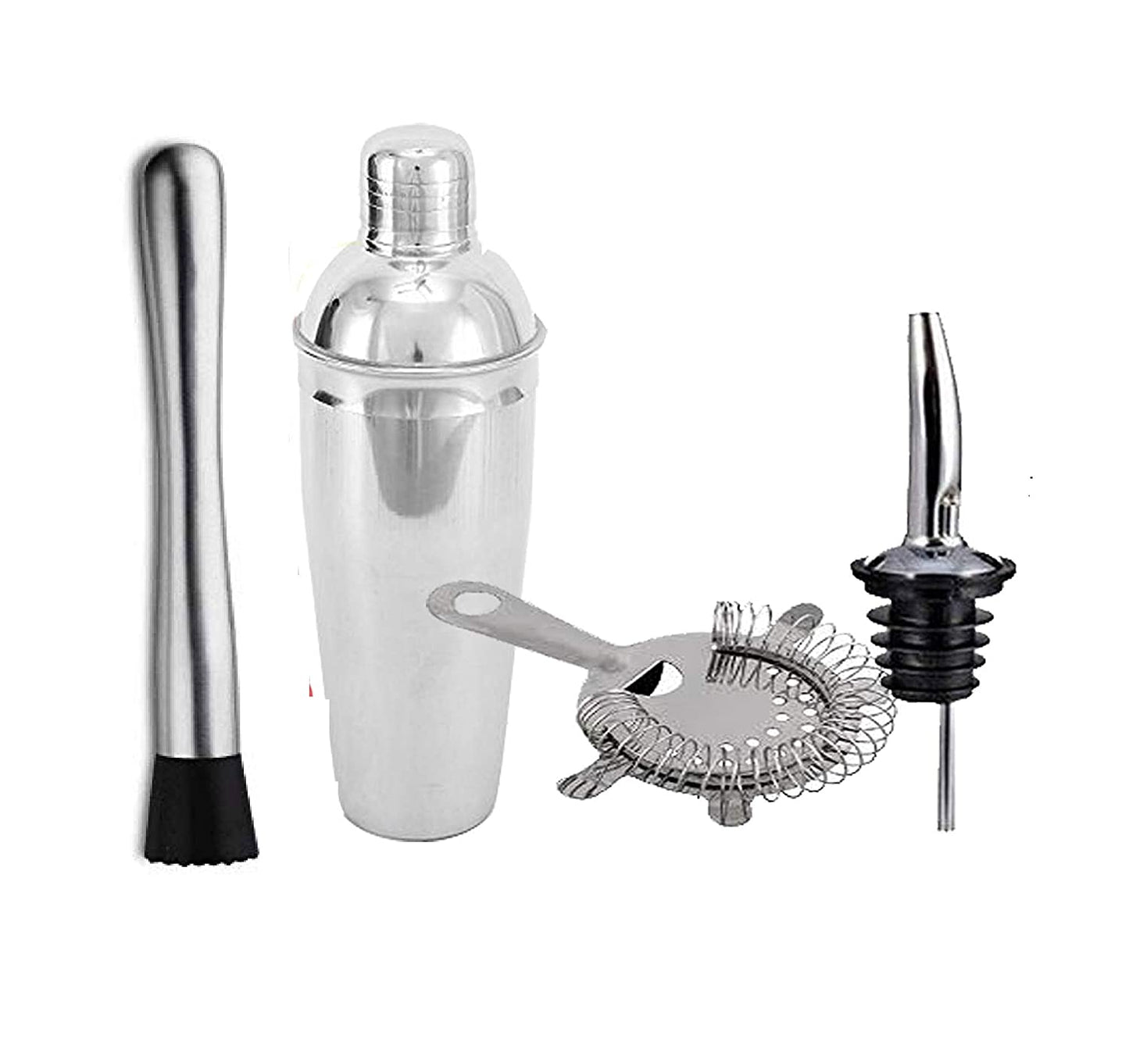 Rudra Exports Stainless Steel Bar Set of 4 Pieces Including Muddler,Cocktail Shaker,Bar Strainer, Bottle Stopper