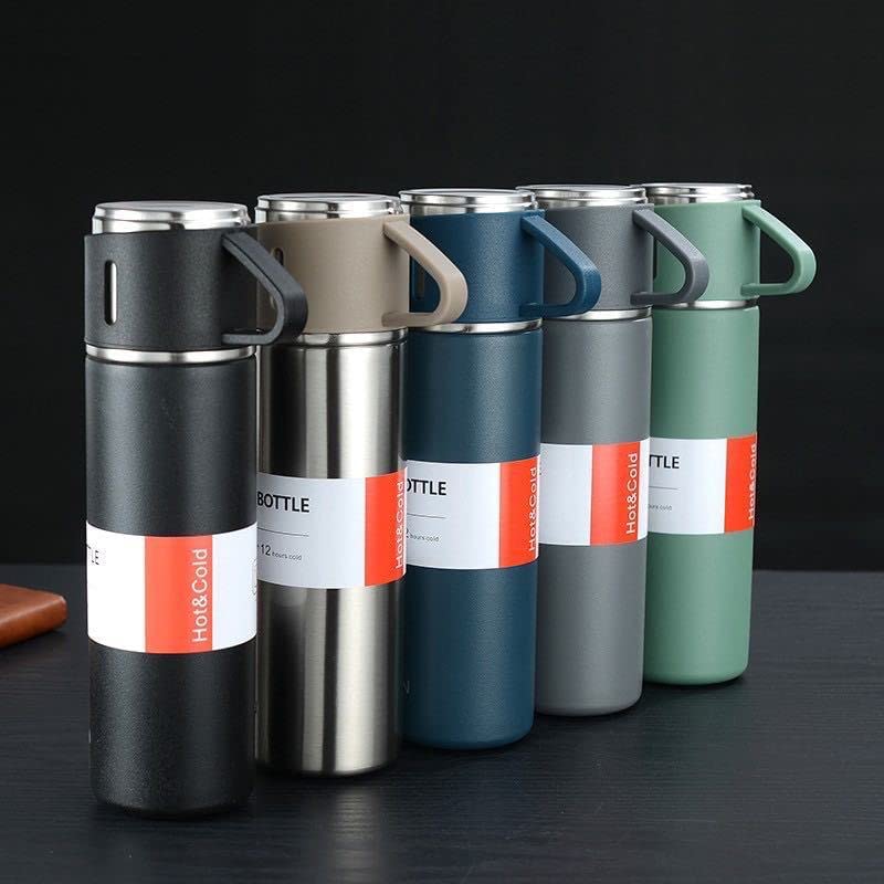 Rudra Exports Steel Vacuum Flask Set with 3 Stainless Steel Cups Combo