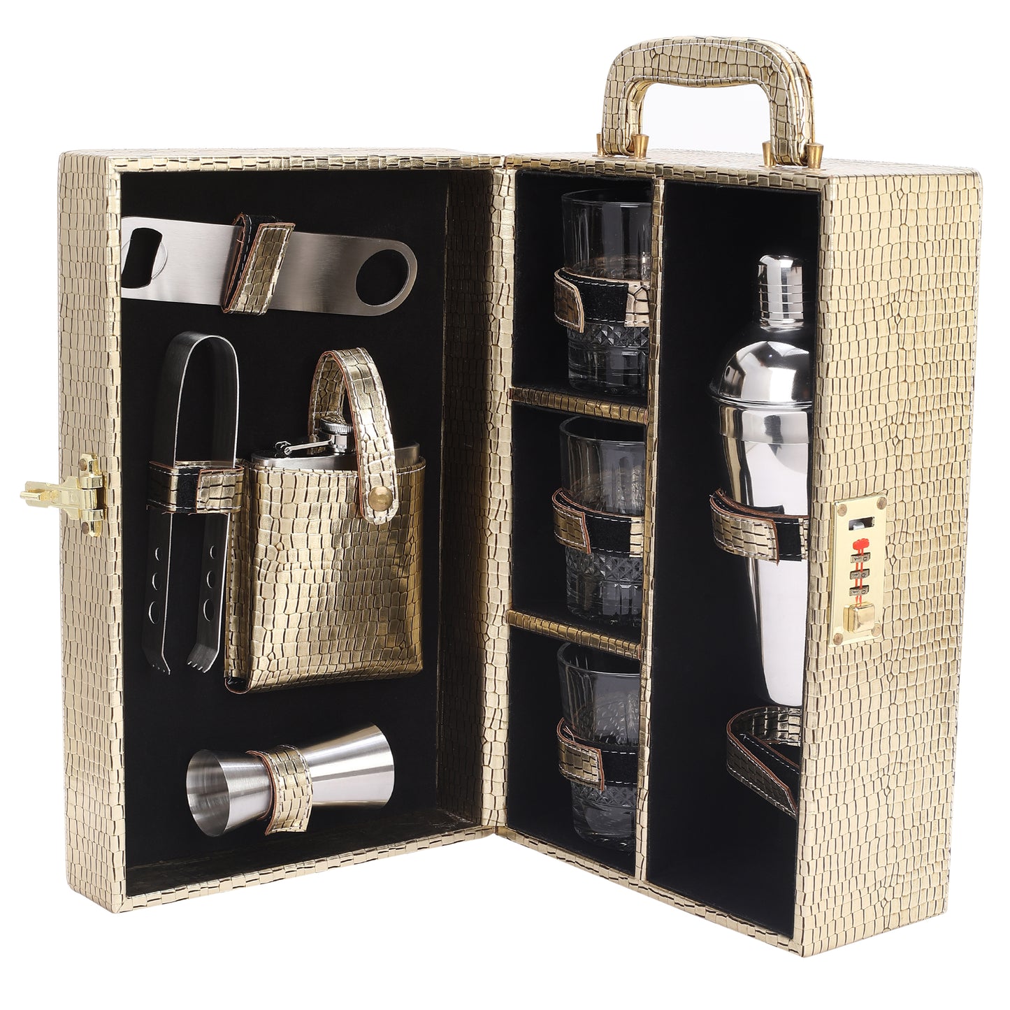 Rudra Exports 3 Glasses Bar Set | Travel Bartender Kit | Portable Leatherette Bar Set for Car, Home,Bar Tools Set (Golden)
