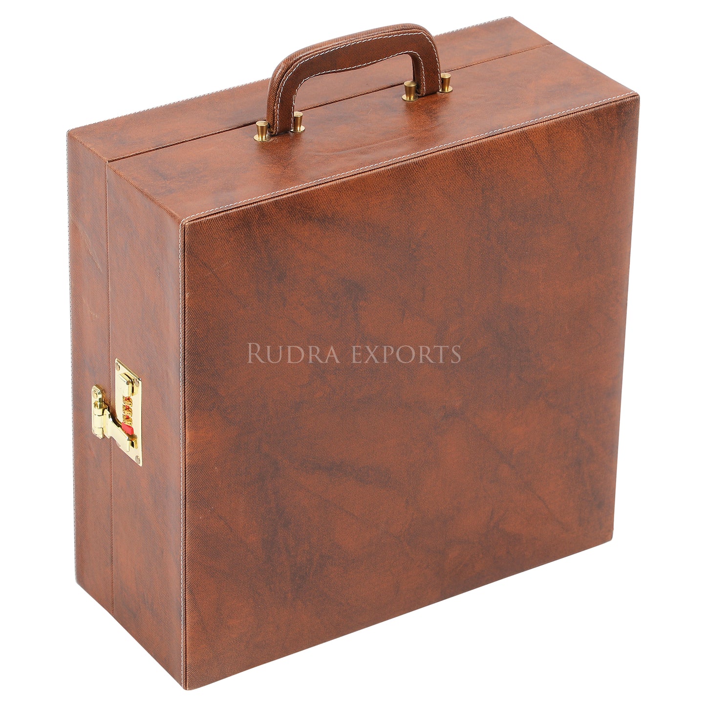 Rudra Exports Portable Leatherette Bar Set | Whisky Case | Wooden Bar Set for Picnic | Travel Bar Set (Holds 01 Bottle & 4 Whisky Glasses) Brown