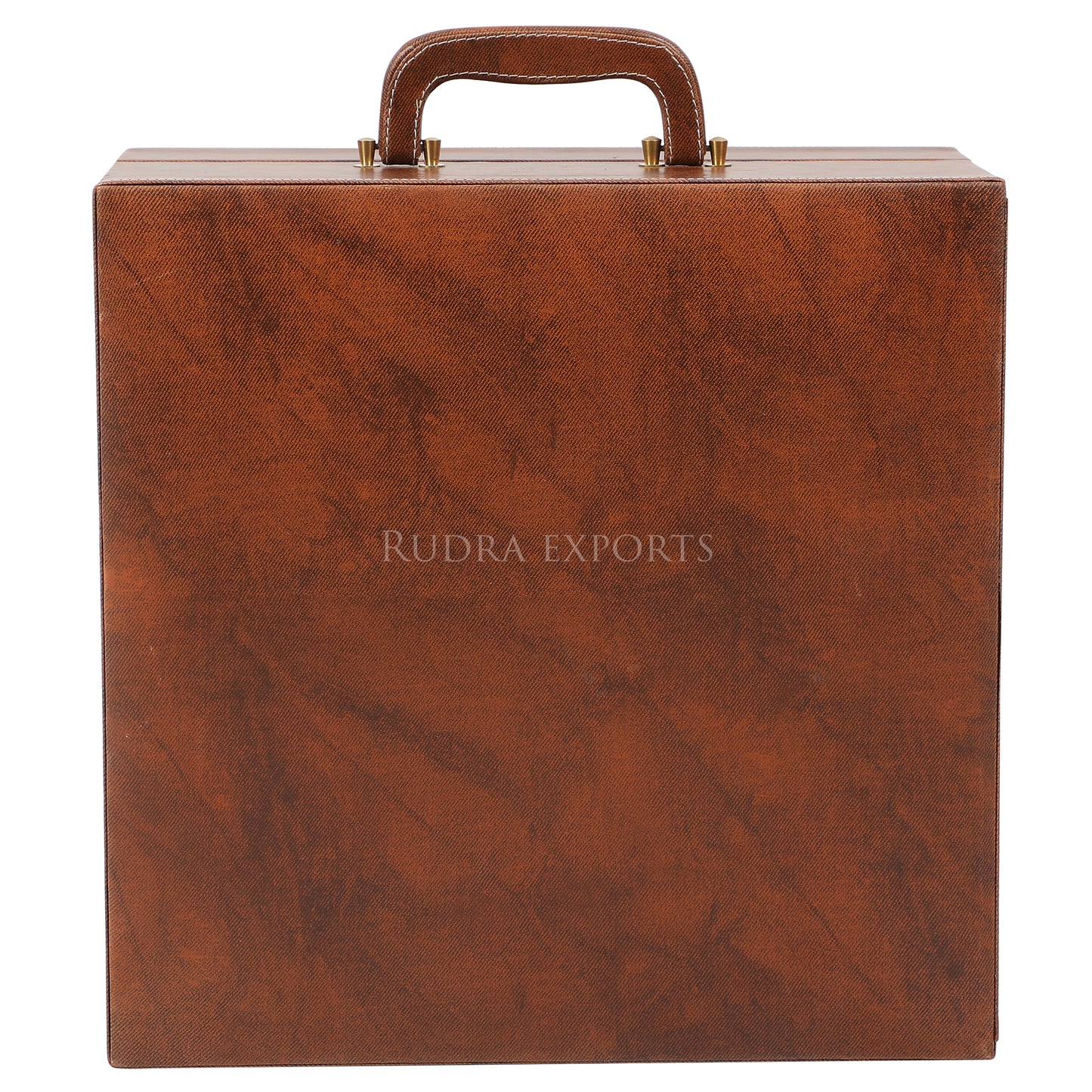 Rudra Exports Portable Leatherette Bar Set | Whisky Case | Wooden Bar Set for Picnic | Travel Bar Set (Holds 01 Bottle & 4 Whisky Glasses) Brown