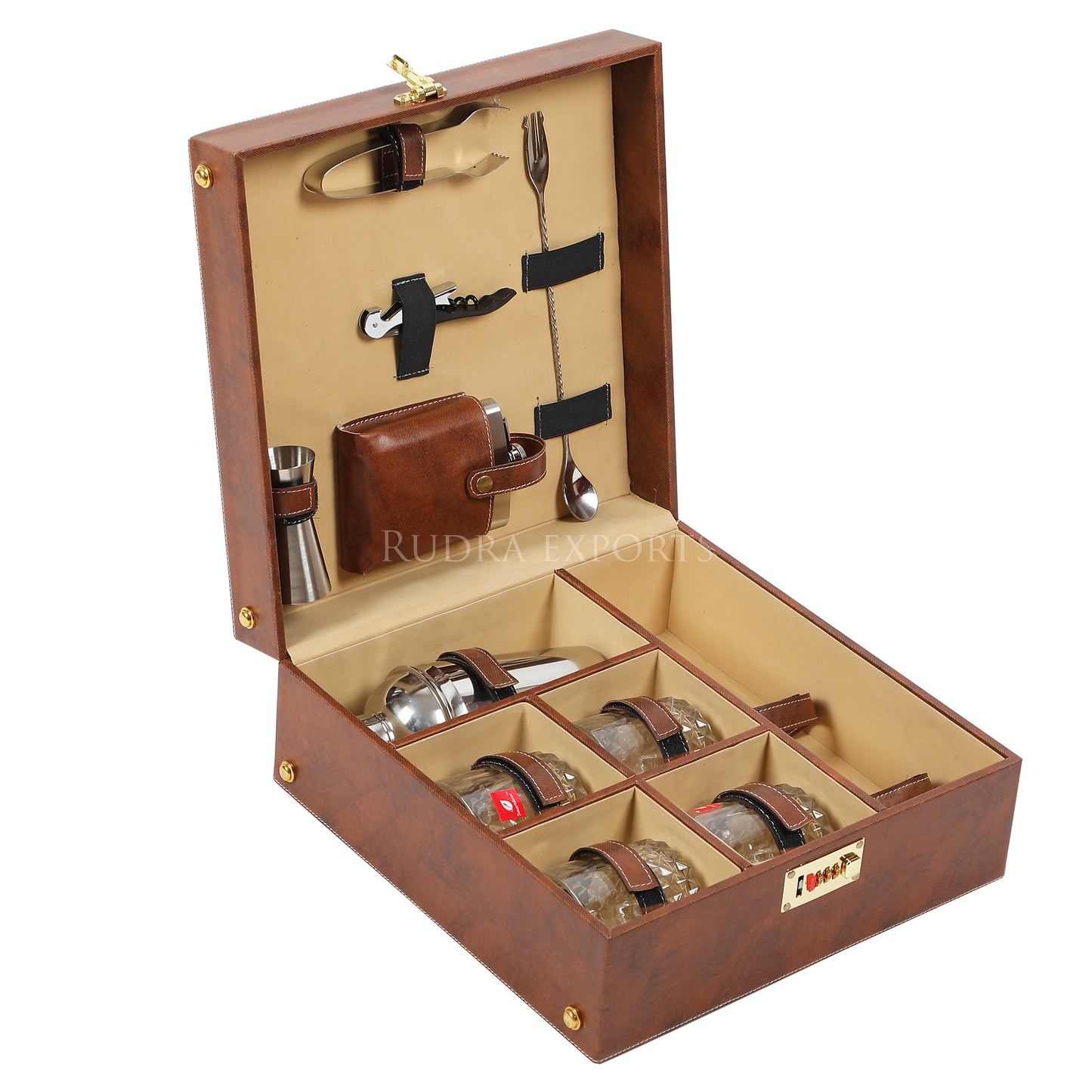 Rudra Exports Portable Leatherette Bar Set | Whisky Case | Wooden Bar Set for Picnic | Travel Bar Set (Holds 01 Bottle & 4 Whisky Glasses) Brown