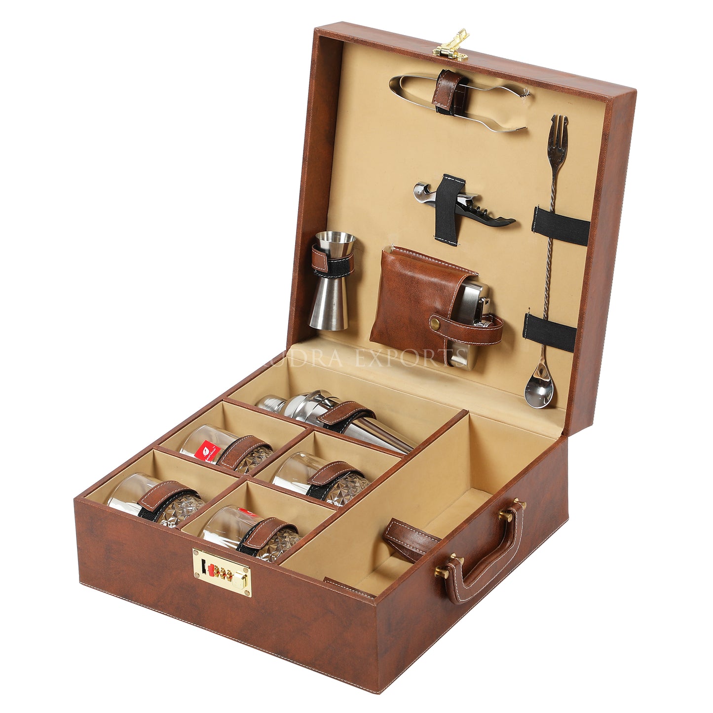 Rudra Exports Portable Leatherette Bar Set | Whisky Case | Wooden Bar Set for Picnic | Travel Bar Set (Holds 01 Bottle & 4 Whisky Glasses) Brown