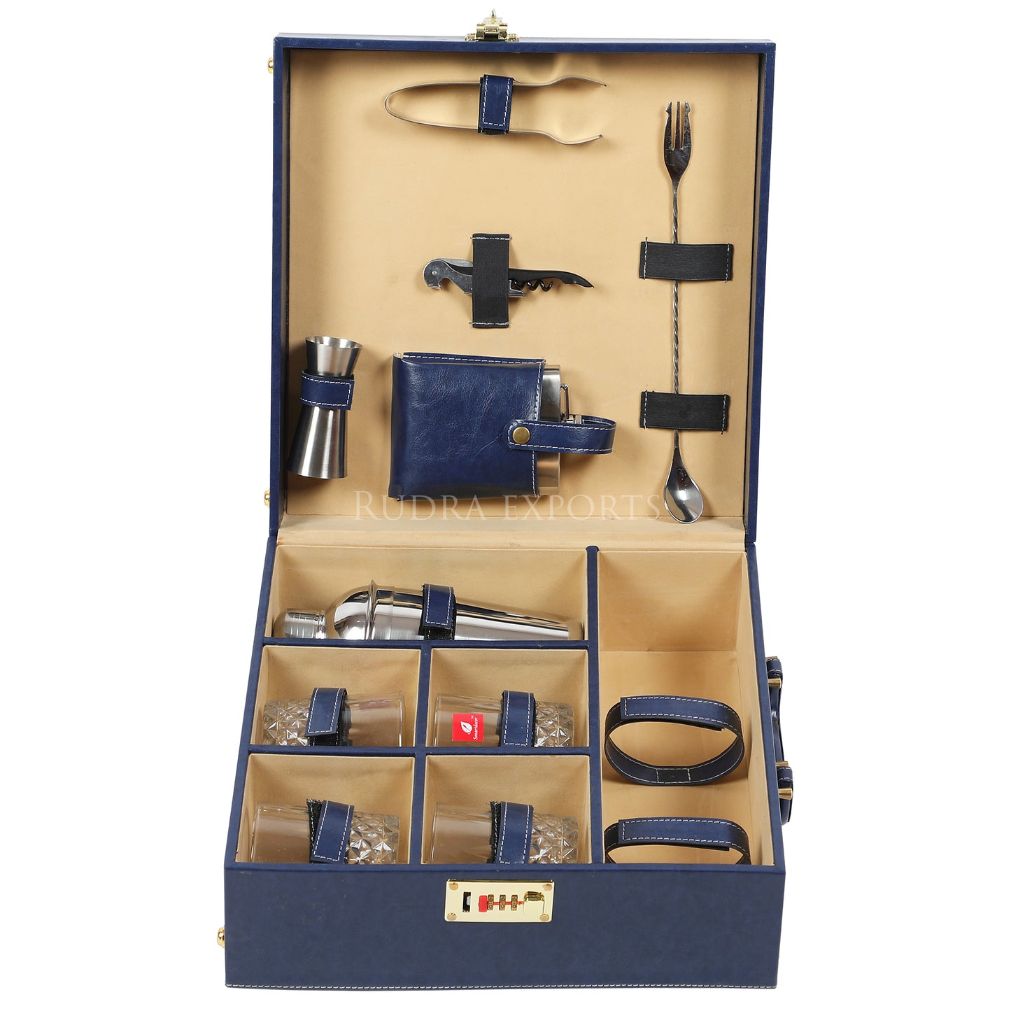 Rudra Exports Bar Set | Portable Leatherette Bar Set | Wine Case | Whisky Case | Wooden Bar Set for Picnic | Holds 01 Bottle & 04 Whisky Glasses (Blue)