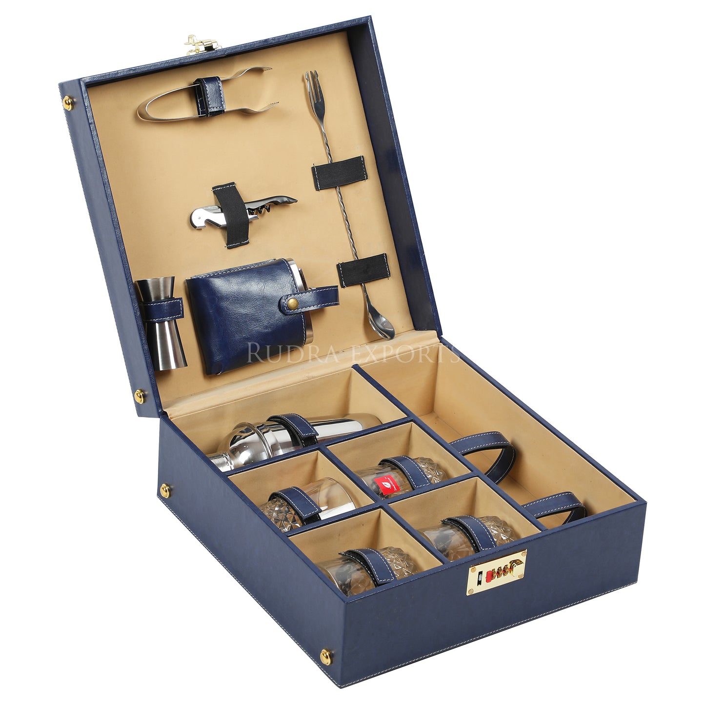 Rudra Exports Bar Set | Portable Leatherette Bar Set | Wine Case | Whisky Case | Wooden Bar Set for Picnic | Holds 01 Bottle & 04 Whisky Glasses (Blue)