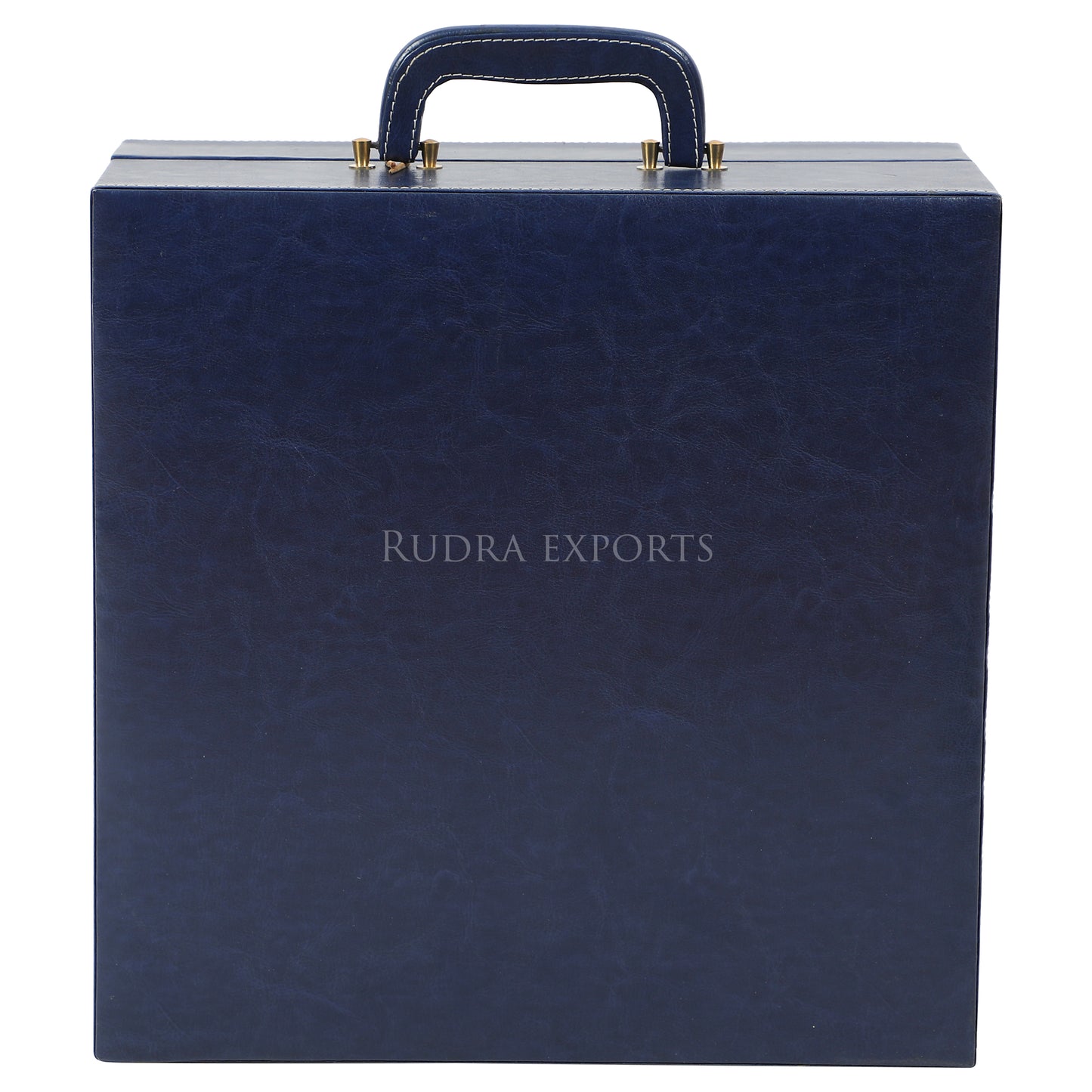 Rudra Exports Bar Set | Portable Leatherette Bar Set | Wine Case | Whisky Case | Wooden Bar Set for Picnic | Holds 01 Bottle & 04 Whisky Glasses (Blue)