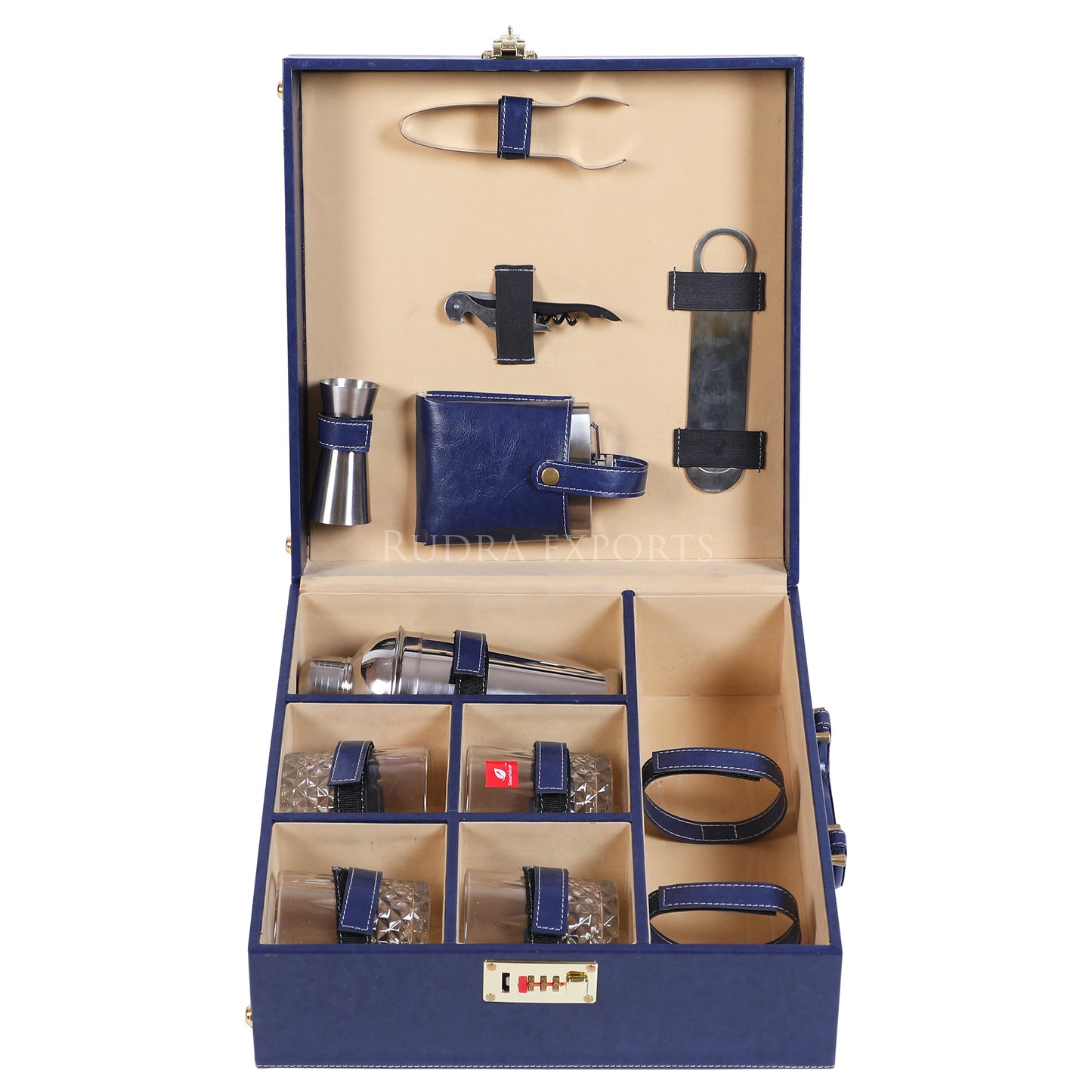 Rudra Exports Travel Bar Set | Portable Leatherette Bar Set | Whisky Case | Holds 01 Bottle & 04 Whisky Glasses (Blue)