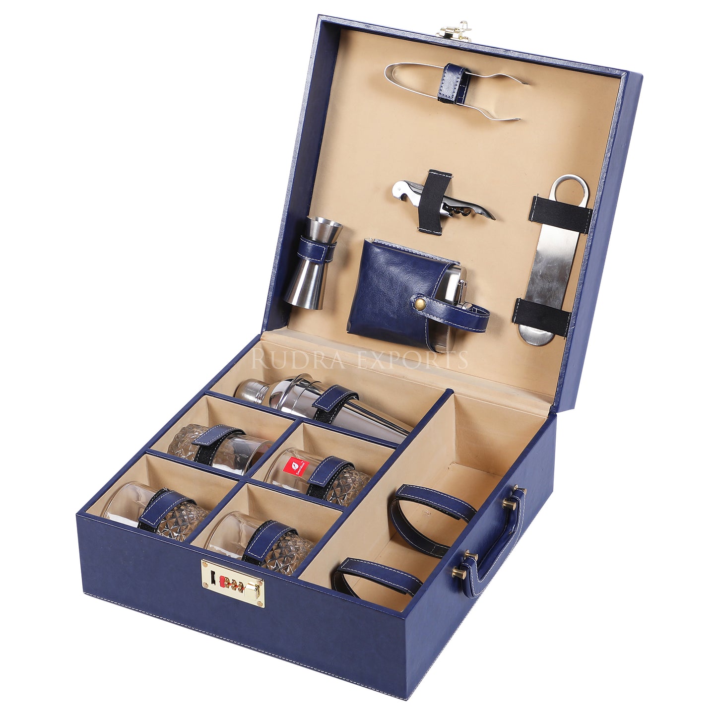 Rudra Exports Travel Bar Set | Portable Leatherette Bar Set | Whisky Case | Holds 01 Bottle & 04 Whisky Glasses (Blue)