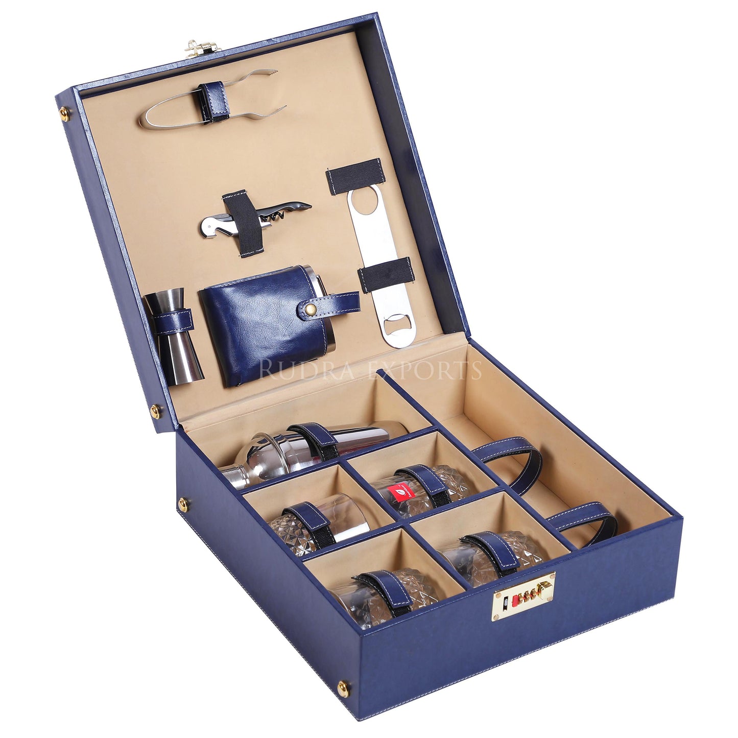 Rudra Exports Travel Bar Set | Portable Leatherette Bar Set | Whisky Case | Holds 01 Bottle & 04 Whisky Glasses (Blue)