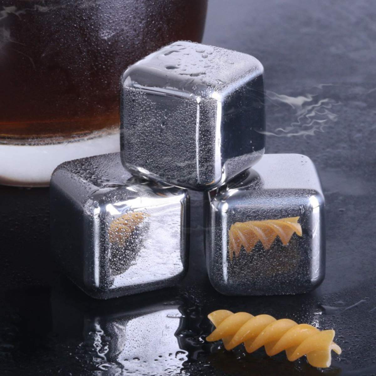 Rudra Exports Reusable Stainless Steel Whiskey Stones or Ice Cubes, Set of 4 Ice Cubes with Ice Catcher for Wine, Beverage, Juice or Soda