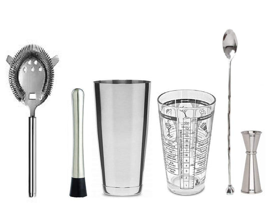 Rudra Exports Bar Essentials Set with Boston Shaker, Muddler Spoon, Japanese Jigger Peg Measure 30-60 ml, Muddler & Cocktail Strainer Set of 6 Pcs