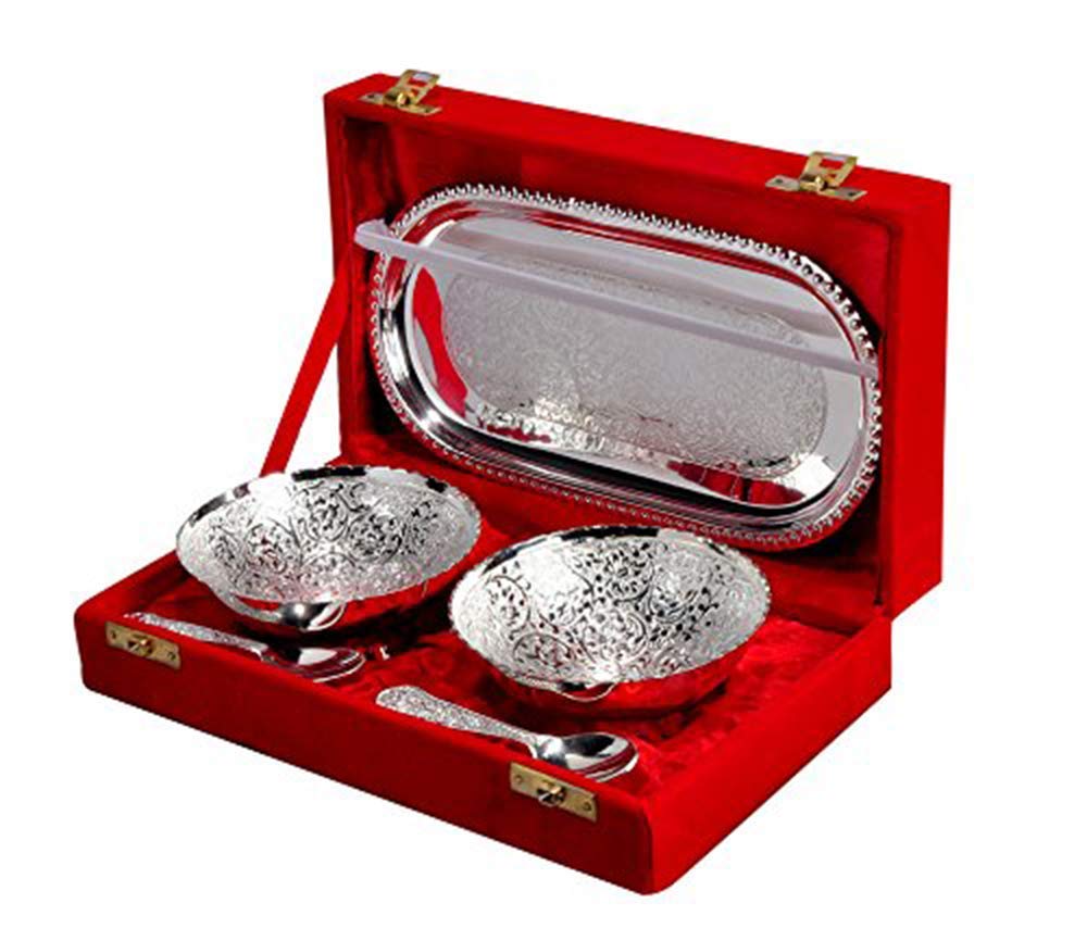 Rudra Exports Silver Plated Brass Bowl Set of 5 Pcs with Box Packing