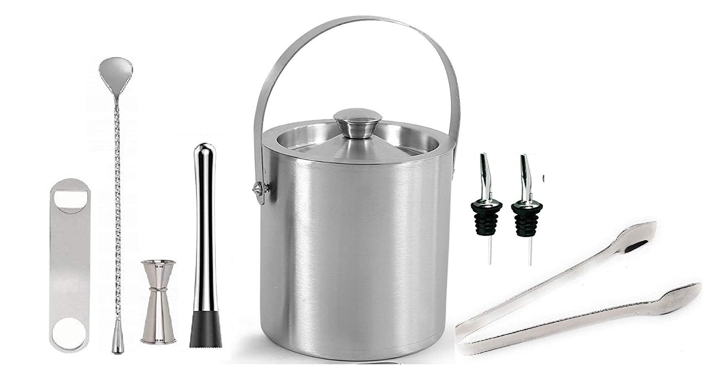 Rudra Exports Bar Set for Drink Mixing Bar Tools: Ice Bucket Peg Measurer 30-60 ml Teardrop Bar Spoon Ice Tong Bottle Opener Pourer Muddler: 8 Pcs Set