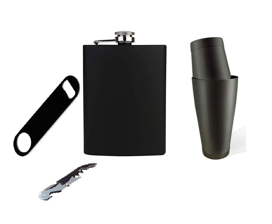 Rudra Exports Black Boston Shaker 750ml & 500ml, Bottle Opener, Cork Opener, Whisky Flask