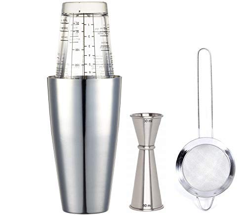 Rudra Exports Professional Stainless Steel Bar Boston Shaker Set, Cocktail Shaker, Mixing Glass, Japanese Jigger and Sifter): 4 Piece Set