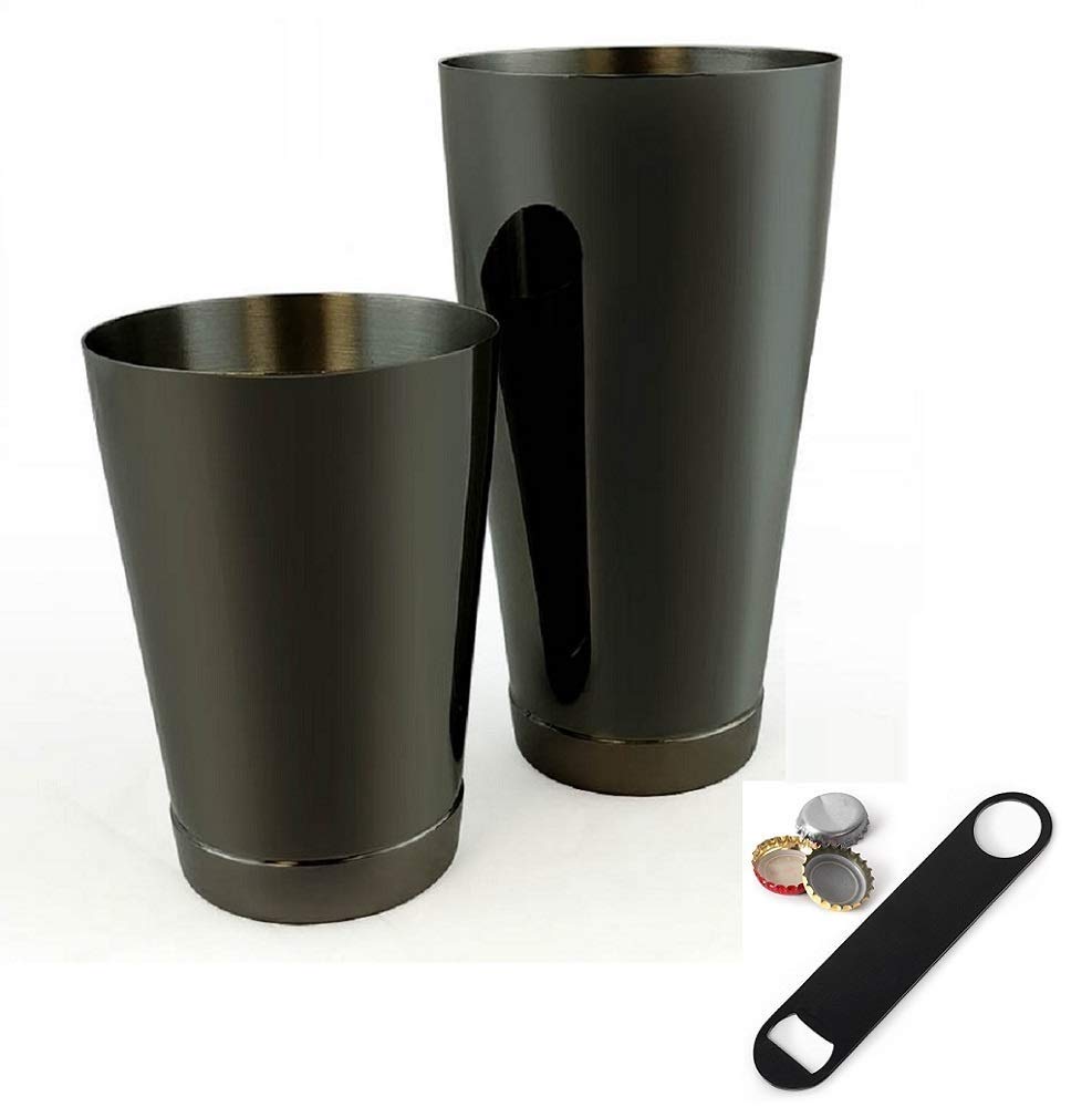 Rudra Exports Black Boston Cocktail Shaker 2 Pieces Set: 540 ml & 840 ml Weighted Professional Bartender Shaker Kit with 1 Free Black Opener