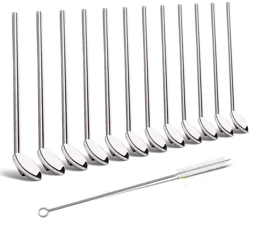 Rudra Exports Stainless Steel Straw Cum Spoon, Reusable Stainless Steel Drinking Straws with Cleaning Brush- 12 Pcs Pack